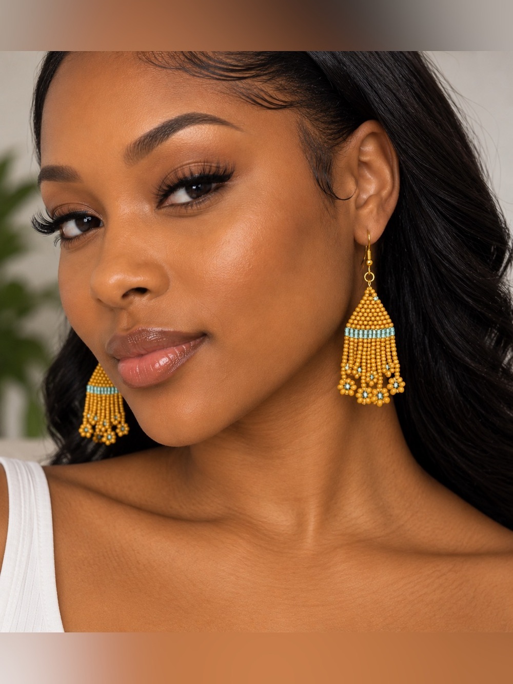 Elegant Beaded Fringe Earrings - Gold and Blue